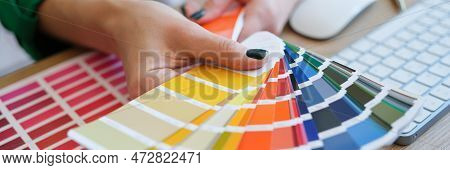 Graphic Designer Is Working On Choosing Palette Colors For Creative Business. Color Selection In Int
