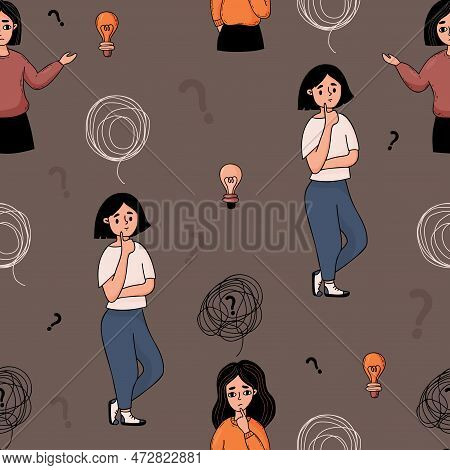 Seamless Pattern With Pensive Girls With Confused Thoughts And Question Marks On Gray Background. Ve