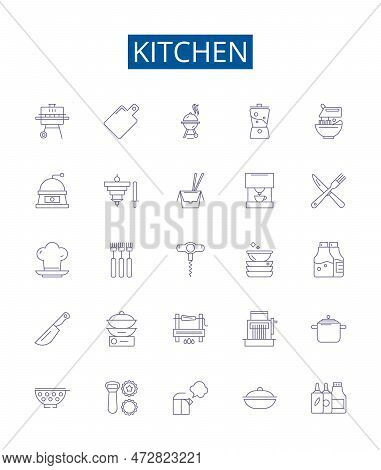 Kitchen Line Icons Signs Set. Design Collection Of Cooking, Cuisine, Cabinets, Dishes, Utensils, App