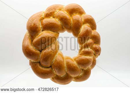 Traditional Italian Bread Corona Di Pasqua (easter Wreath) Isolated On White Background. Top View.