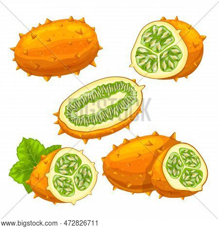 Kiwano Food Ripe Set Cartoon. Healthy Juicy, Organic Sweet, Yellow Fruit, Fresh Cucumis, Dessert Mel