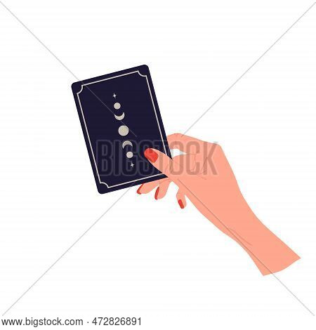 Hand Holding Tarot Card With Boho Moon. Female Fortune Teller Predicting Future. Magic And Esoteric.