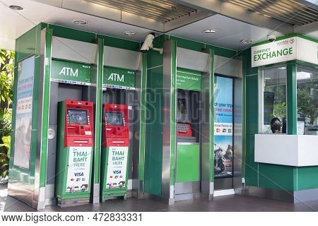 Bangkok, Thailand-12 Feb, 2023: Kasikornbank Atm Machine On The Street Of Bangkok. Kasikornbank Is T