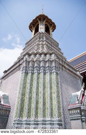 Bangkok, Thailand- 13 Feb, 2023: Green And Blue Mosaic Bell Tower Called Ho Rakhang In Grand Palace,