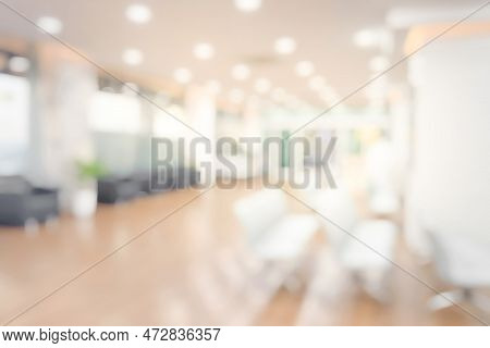 Abstract Blur Luxury Hospital Hall And Corridor. Blur Clinic Interior Background With Defocused Effe