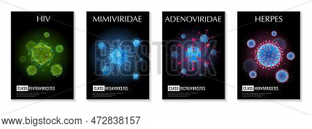Realistic Set Of Four Posters With Various Classes Of Viruses On Dark Background Isolated Vector Ill