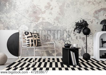 Interior Design Of Loft Industrial Apartment With White Chair, Commode, Books, Modern Coffee Table, 