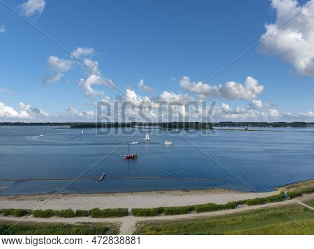 Aerial View With View Over Veerse Meer In Front Of Veere. Veere Is A City In The Province Of Zeeland