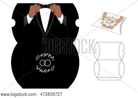 Gift Box Black Guy Groom Wedding Die-cut Template. Black Suit, Tuxedo, And Bow Tie. Vector Blueprint