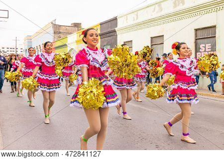 Matamoros, Tamaulipas, Mexico - February 25, 2023: Fiestas Mexicanas Parade, Cheerleaders From The C