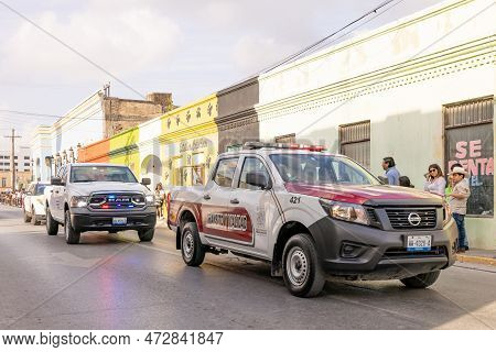 Matamoros, Tamaulipas, Mexico - February 25, 2023: Fiestas Mexicanas Parade, Mexican Transit Police 