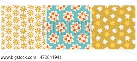 Groovy Summer Flowers Seamless Pattern Set 70s, 60s Retro Style