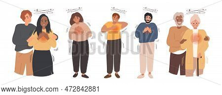 Panic Attack And Disorder Concept. Various People Get Panic Attack, Mental Support Man Hugging Woman
