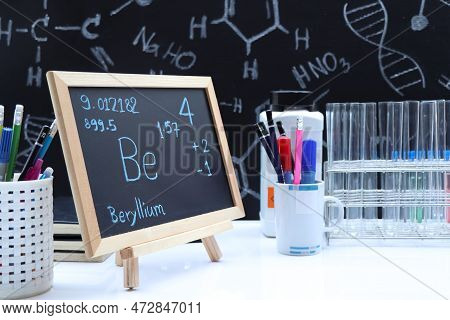 Beryllium And Symbol Structural Formula Chemical On The Blackboard, Chemistry In The Classroom