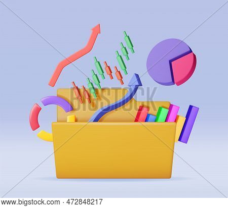 3d File Folder Full Of Pie Diagram And Arrows. Render Stock Pie Growth Or Success. Financial Item, B