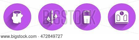 Set Wooden Log, Bamboo, Sauna Bucket And Bathroom Scales Icon With Long Shadow. Vector