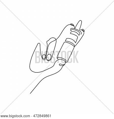 Hand Holds Nazal Spray Bottle. One Line Art. Healthcare And Medical Concept. Hand Drawn Vector Illus