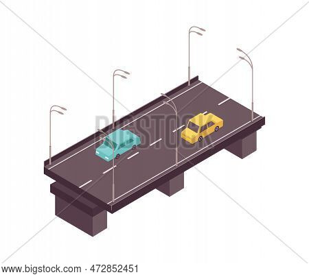 Road Set Isometric Composition With View Of Motorway On Flyover With Cars And Lamp Posts Vector Illu