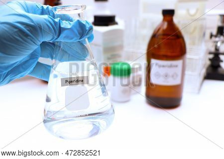Piperidine In Glass, Chemical In The Laboratory And Industry, Dangerous Chemical Or Raw Materials Fo