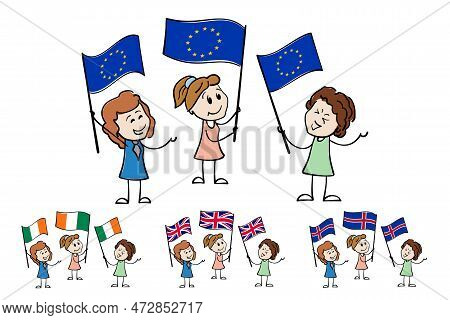 Cartoon Women Of Different Ages Waving Flags Of European Union, United Kingdom, Iceland, Ireland. Ha