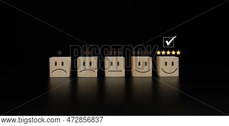 Chooses A Smile Face On Wood Block Cube. Satisfaction Survey. Questionnaire Best Excellent Business 