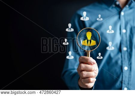 Hrm Or Human Resource Management, Businessman Holding Magnifier Select And Accept To Manager Icon Wh