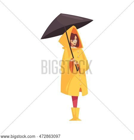 Bad Weather Rain Composition With Isolated Character Of Woman Wearing Raincoat Holding Umbrella Vect