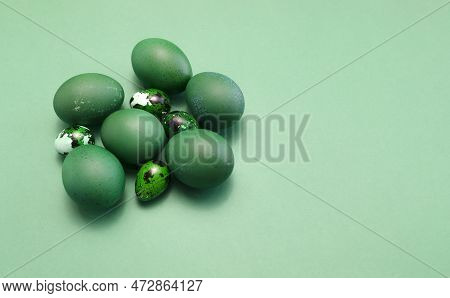 Blue Green Easter Chicken, Quail Eggs On Blue Background. Minimalism. Pascha Or Resurrection Sunday,