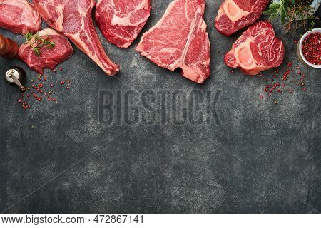 Raw Prime Steaks. Variety Of Fresh Black Angus Prime Meat Steaks T-bone, New York, Ribeye, Striploin