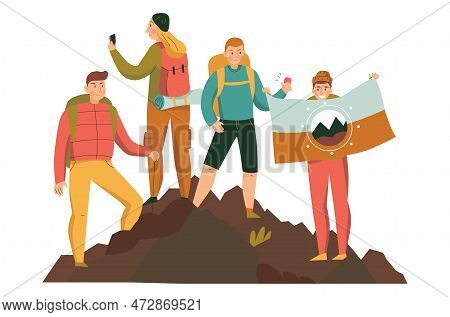 Mountain Climbing Trekking Hiking Flat Composition With Group Of Hikers With Flags Making Selfies Ve