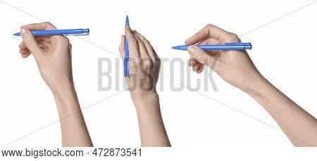 Woman Holding Pen On White Background, Closeup. Collage Design, Different Angles