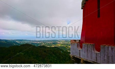 Palacio Da Pena, Lisbon, Portugal - June 3, 2018: Exterior Of Pena Palace With Red Wall And Tower Ov