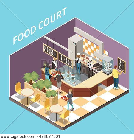Food Court Hall Isometric View With Customers Reading Menu Board Choosing Meals Paying Cashier Vecto