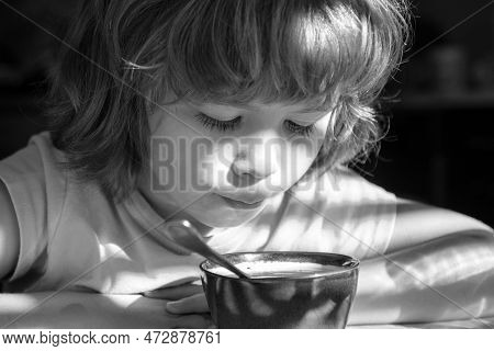Kids Nutrition. Little Boy Eats Soup. Healthy Food For Children. Organic Homefood.