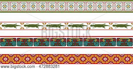 Vector Set Of Seamless Colored Border Ornaments. Native American Tribal Framework.