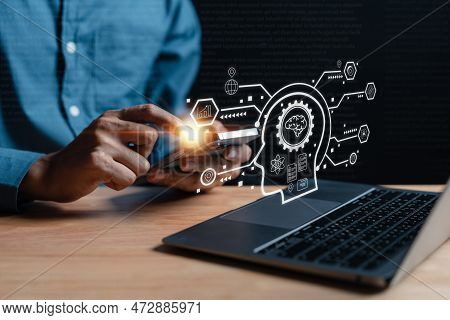 Businessman Using Chatbot In Smartphone Intelligence Ai. Chat With Ai Artificial Intelligence, Devel