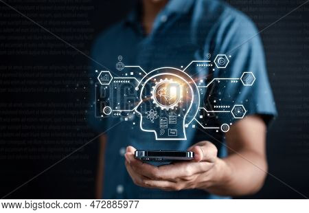 Businessman Using Chatbot In Smartphone Intelligence Ai. Chat With Ai Artificial Intelligence, Devel