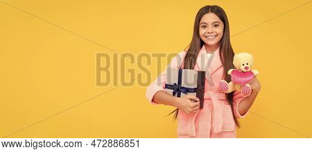 Childhood Happiness. Good Morning. Kid Wear Soft Nightsuit Play With Toy. Child In Cozy Sleepwear. T