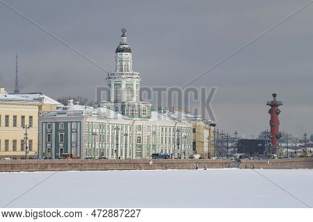 Saint Petersburg, Russia - March 06, 2023: View Of The Ancient Building Of The Kunstkamera And The S