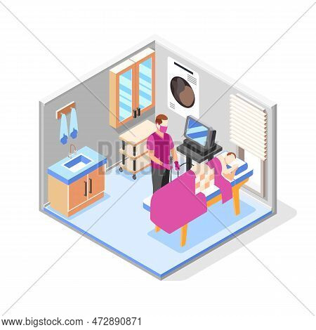 Health Checkup Composition With Doctor In Medical Mask And Male Patient During Colonoscopy Procedure