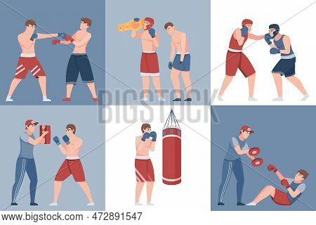 Boxing Six Square Compositions With Athletes Practicing Fight Each Other And Training With Coach Fla