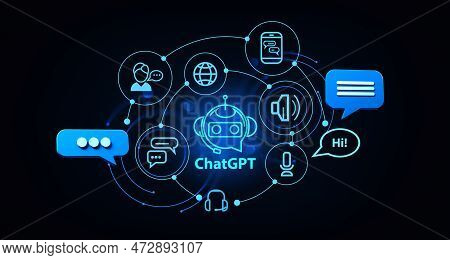 Chatgpt And Artificial Intelligence Hologram With Social Media Icons And Messages. Digital Chat Deve