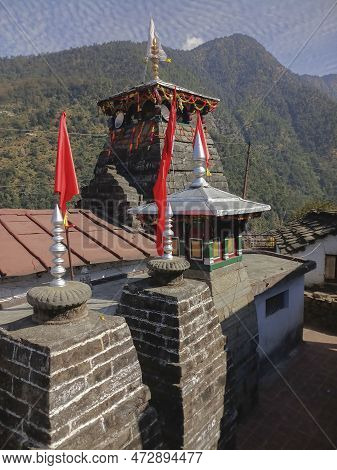 Mukhumath Temple With Himalayan Mountains In The Background, Garhwal Himalayas, Uttarakhand, India