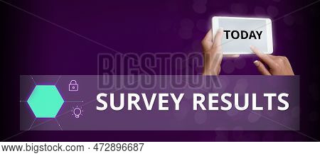 Text Caption Presenting Survey Results. Word Written On Result Of Activity That Collects Or Acquires