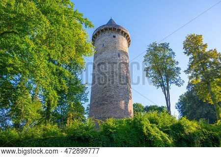 Ancient Round Stone Tower Jakobinka. A Remnant Of The Extinct Medieval Upper Rozmberk Castle. Rozmbe