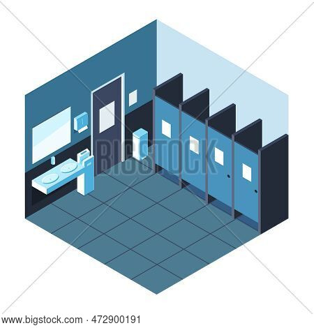Public Toilet Interior Isometric Vector Illustration With Cubicles And Sinks With Mirror And Dispens
