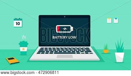 Laptop Computer Desk Battery Low Icon On Screen Concept, Vector Flat Design Illustration. Laptop Des