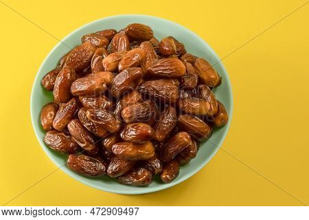Dates. Dried Date Palm Fruits. Healthy Sweet Snack Food Bowl. Pile Of Tasty Dry Dattes In Plate. Dat