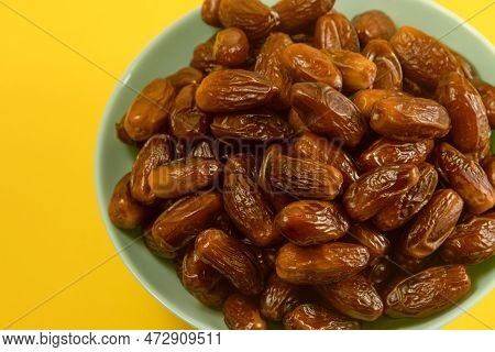 Dates. Dried Date Palm Fruits. Healthy Sweet Snack Food Bowl. Pile Of Tasty Dry Dattes In Plate. Dat