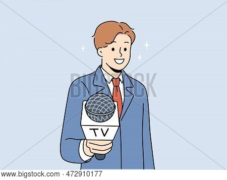 Male Journalist With Microphone In Hands Interview Audience. Man Reporter Or Host Stretch Mic To Cam
